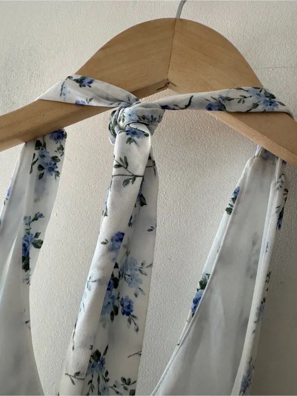 Altar’d State White‎ and Blue Floral Mini Dress Halter Neck - Image 5