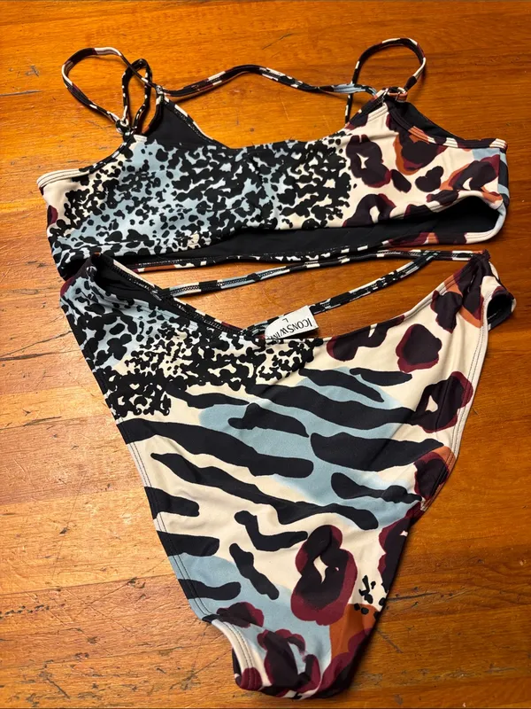Icon Swim Abstract Animal Print Bikini Set in Cream, Black & Rust - Image 2