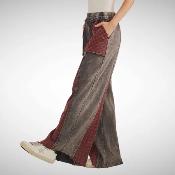 Sage + Fig Grunge Patch Plaid Wide-Leg Pants Navy/Red Size M - Image 2