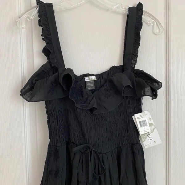 Wild Moss Womens Smocked Body‎ Mini Dress Black Floral Embroidered Ruffle L NWT - Image 3