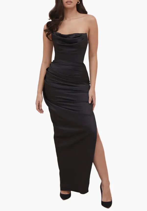 House of CB Adrienne Black Satin Strapless Corset Maxi Gala Dress - Image 6