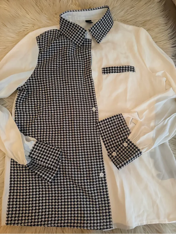 Shein Women's Two-Tone Houndstooth Contrast Button-Up Shirt - White/Black - Image 6