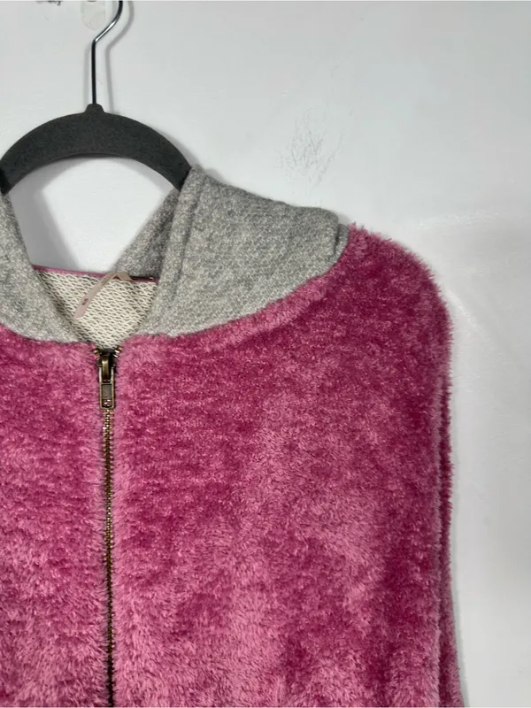Free People Pink Fuzzy Teddy Half Zip Hoodie Oversized Pullover Balloon Sleeve M - Image 5