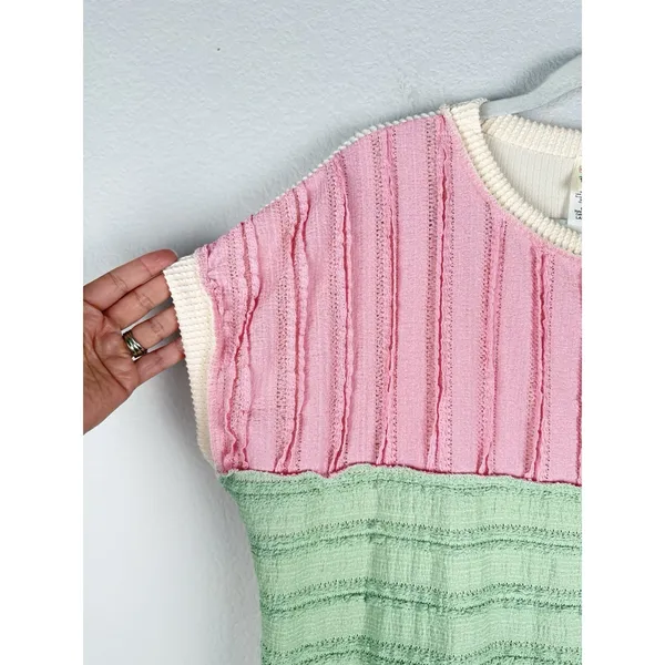 7TH RAY Textured Pastel Color Block Ribbed Pullover Top Women's Size Large Artsy - Image 5
