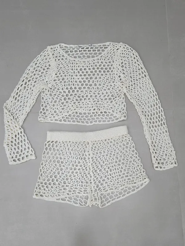 Zara Crochet Open-Knit Long Sleeve Top & Shorts Set In White Size XS/S - Image 3