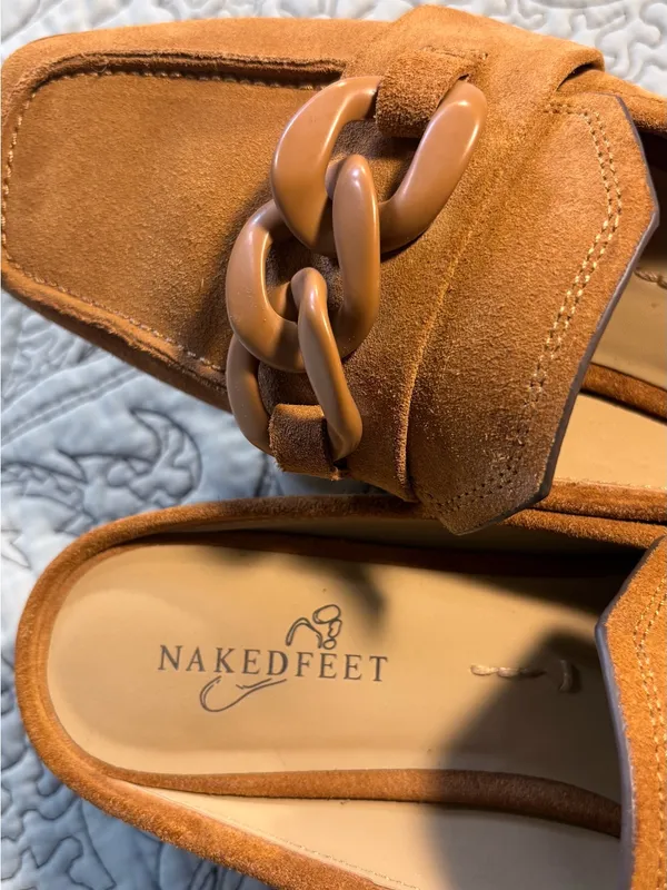 ☀️Naked Feet Elect Camel Suede Chain Platform Loafer Mules Sz 8🧡 - Image 6
