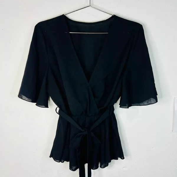 Chic Black Wrap Top with Belted Waist Boho Casual Flowy V-Neck Blouse Size Large - Image 2