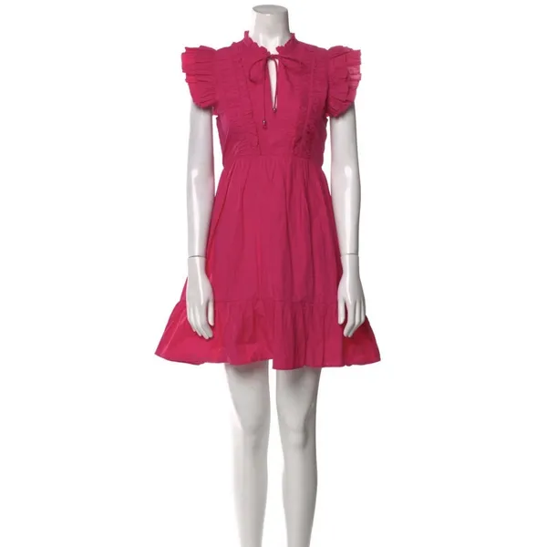Caroline Constas Designer Tiered Ruffled Mini Dress Hot‎ Pink 100% Cotton - Image 2