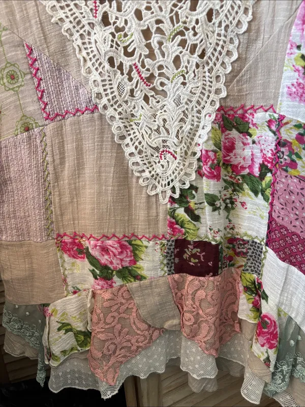 Marilu Boho Patchwork Crochet-Trim Women's Top - Beige with Pink Floral Large - Image 2