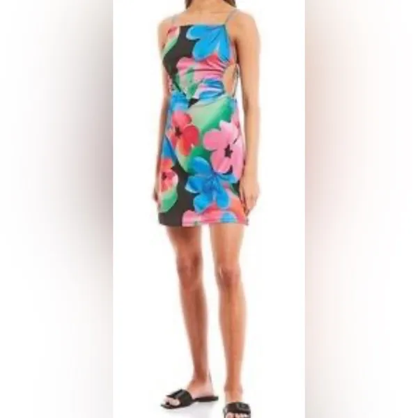 Gianni Bini Lined Y2K Resort Retro Maximalist Floral Tropical Cutout Mini Dress - Image 3