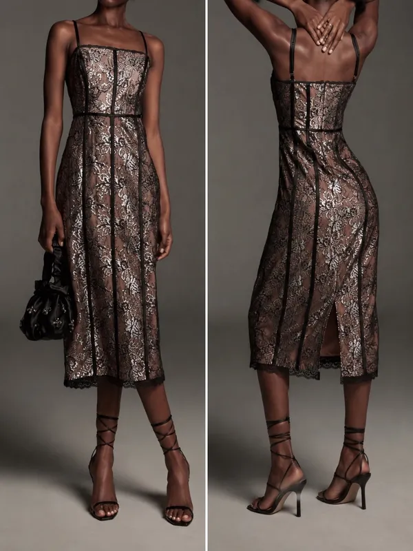 Anthropologie Metallic Floral Lace Midi Dress Cocktail Party Romantic Y2K XS - Image 2
