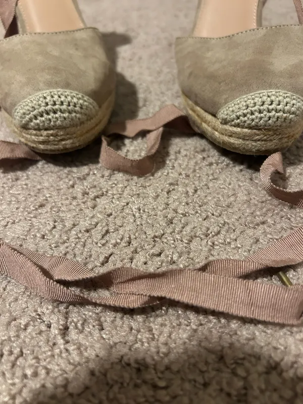 JustFab Taupe and Cream Espadrille Wedge Sandals with Ankle Wrap - Image 7