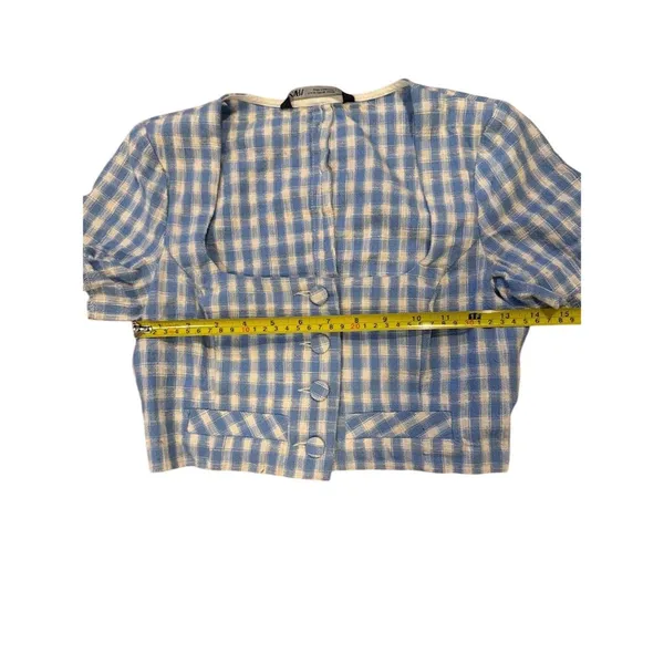 Zara Women's XS Blue Gingham Check Cropped Blouse Short Sleeve - Image 4