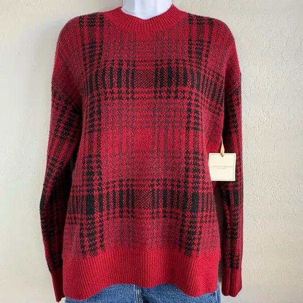 Christian‎ Siriano Red Black Plaid Crew Neck Long Sleeve Knit Sweater Beanie Set - Image 2
