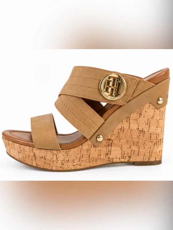 Tommy Hilfiger Tan Cork Wedge Sandals Gold Logo Size 10M - Image 3
