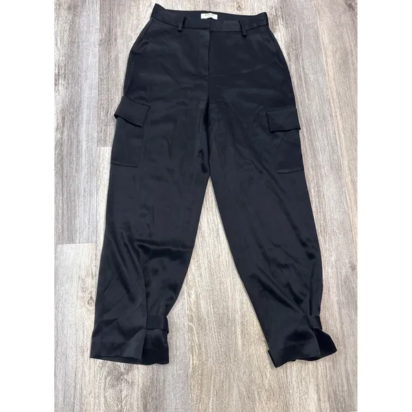 Aritzia Babaton Black Satin Cargo‎ Pants High Rise Adjustable Buckle Hem Size 4 - Image 2