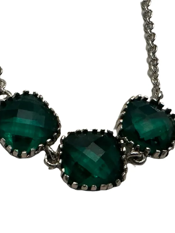2/$20 Unique Vintage Silver-Tone Necklace with Teal Green Rhinestones - Image 2