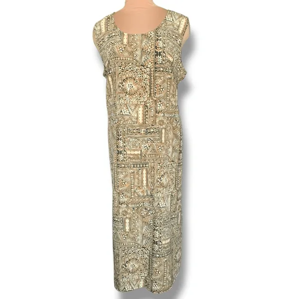 Vintage Black Brown Earth Tone Geometric Sleeveless Tie Back Midi Dress‎ XL Boho - Image 3