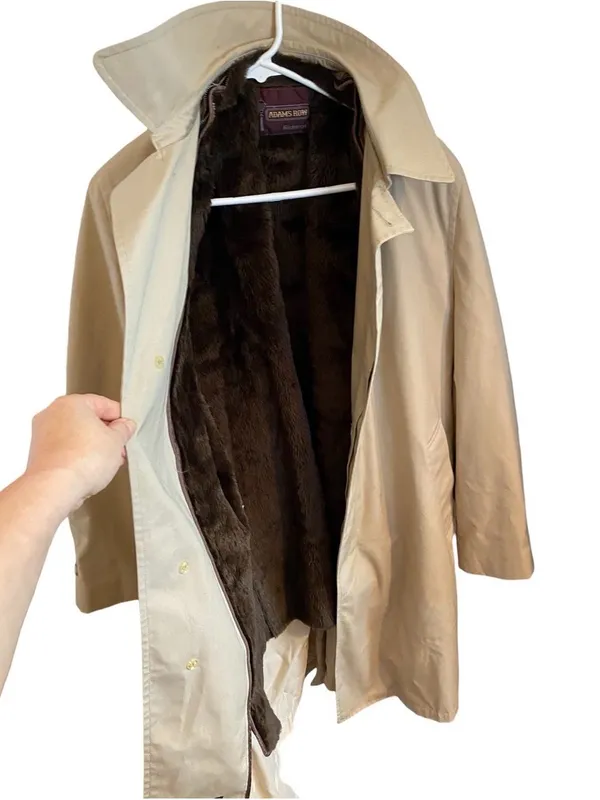 Vintage Adams Row Tan Trench Coat Brown Faux Fur zip-in lining Old money Classic - Image 5