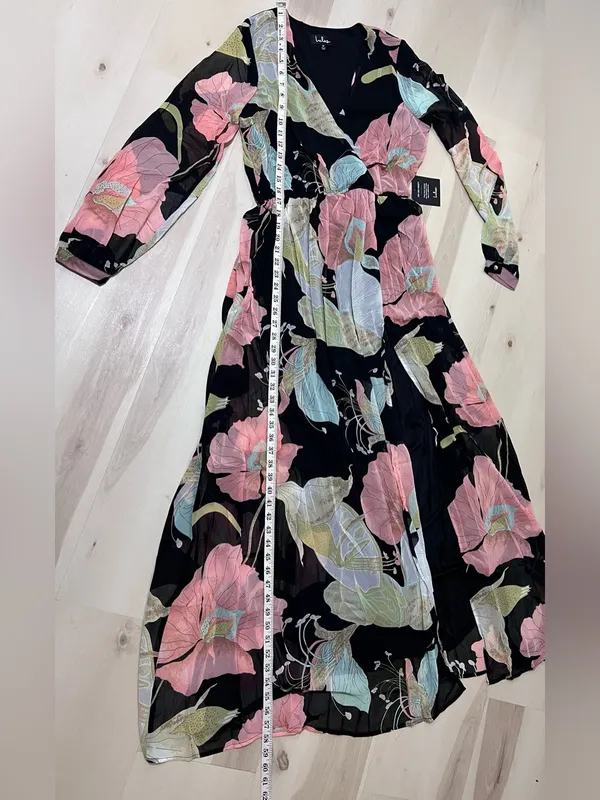 Lulus NWT Women Medium Black Pink Floral Lily Print Maxi Dress Summer Wedding - Image 14