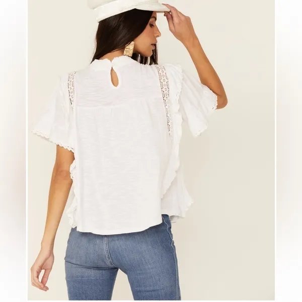 Free People Le Femme Tee White Lace Pleated Cotton Boho Blouse Size XS - Image 5