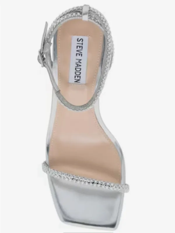 Steve Madden Hurrah Silver Rhinestone Strap Square-Toe Heels Sandals Sz 9 - Image 10