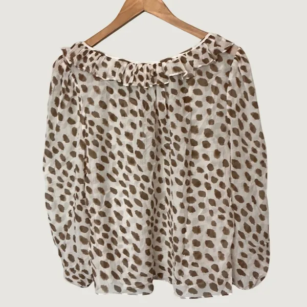 AYR Womens Ruffle Neck Abstract Animal Print Sheer Blouse Brown Cream E2047 L - Image 7