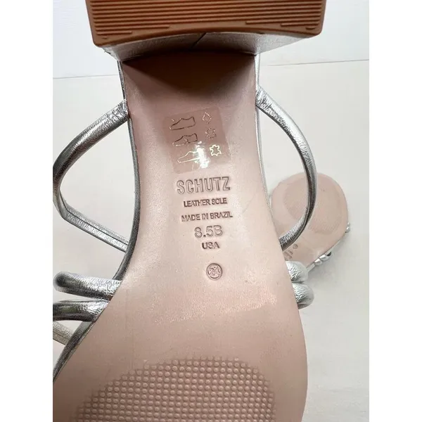 Schutz Silver Strappy Design Block Heel Open Toe Sandal Leather Womens Size 8.5B - Image 10