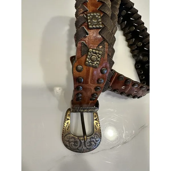 Women's Medium Leather & Brass Belt 30” Total Length Braided Fabric Western Boho - Image 2