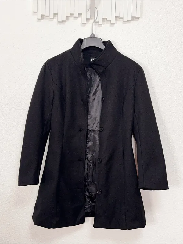 FME Black Longline Coat Stand Collar Button Front Tailored Jacket Minimalist - Image 4