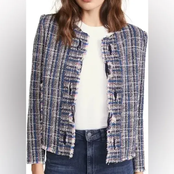 IRO Paris Multi Color Tweed Fringe Collarless Zip Pocket Jacket Blue Pink 36 4 - Image 10
