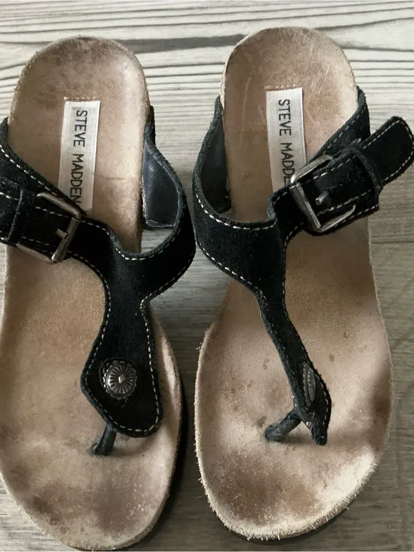 Vtg Steve Madden chunky heel sandals black suede leather Bedford size 6.5 - Image 2