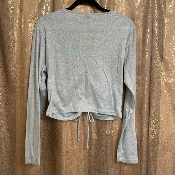 Wild Fable Women’s XL Metallic Silver V Neck Tie Long Sleeve‎ Top Shirt Stretch - Image 2