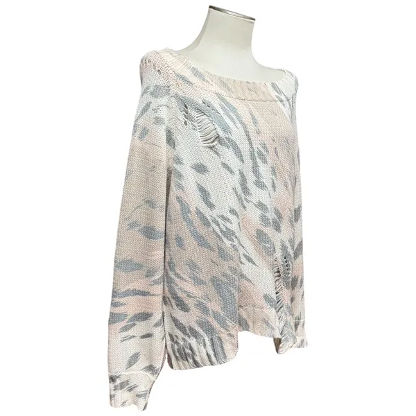 Umgee Distressed Sweater Cream Gray Tan Pink Medium - Image 8