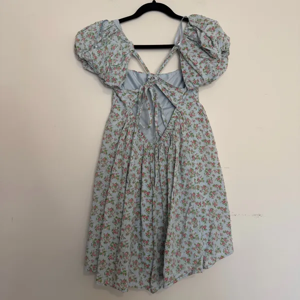 Bebop Floral Puff Sleeve Cross Back Coquette Whimsical Ditsy Floral Mini Dress M - Image 5