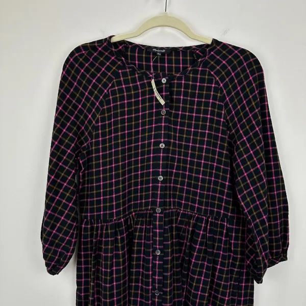 Madewell Plaid Flannel Shirt Dress Raglan Button Front Casual Oversized US 0 NWT - Image 6
