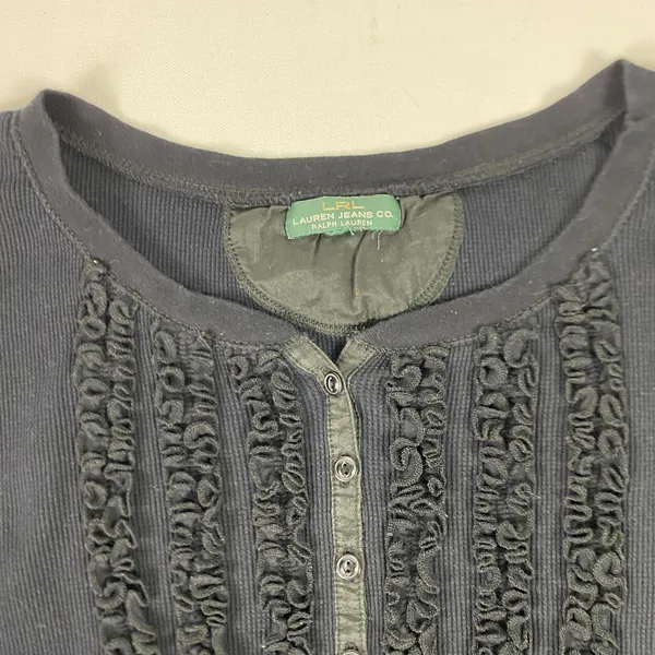 Lauren Ralph Lauren Shirt Womens Small Black Henley Long Sleeve Ruffle‎ Knit Top - Image 3