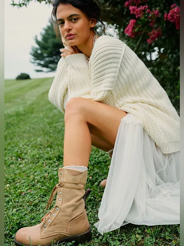 Free People We The Free Jesse Lace-Up Combat Boots Taupe Leather & Suede Size 9 - Image 2