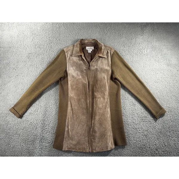 Retro Leather Knit Jacket Women L Brown Ribbed Full Zip VTG‎ Boho Mixed Media - Image 2
