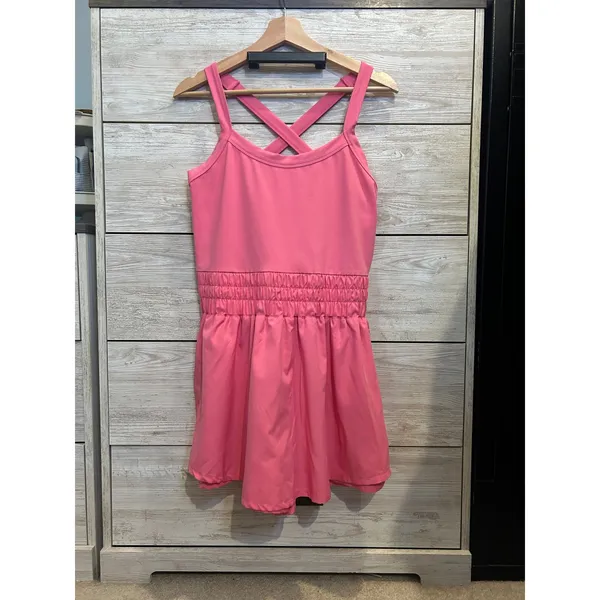 Pink Activewear Exercise Dress Cross Back Smocked Waist Athletic Mini Dress L - Image 2