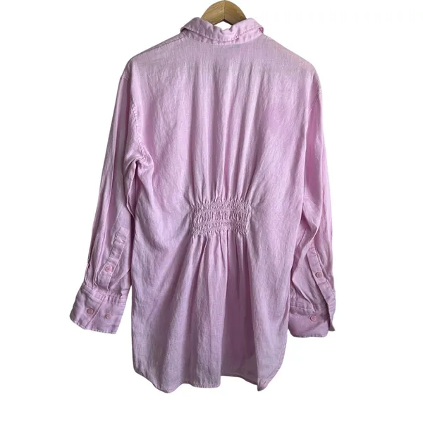 Zara Women Coastal Beachy Linen‎ Button Up Top M Pink Smocked Back Minimalist - Image 2