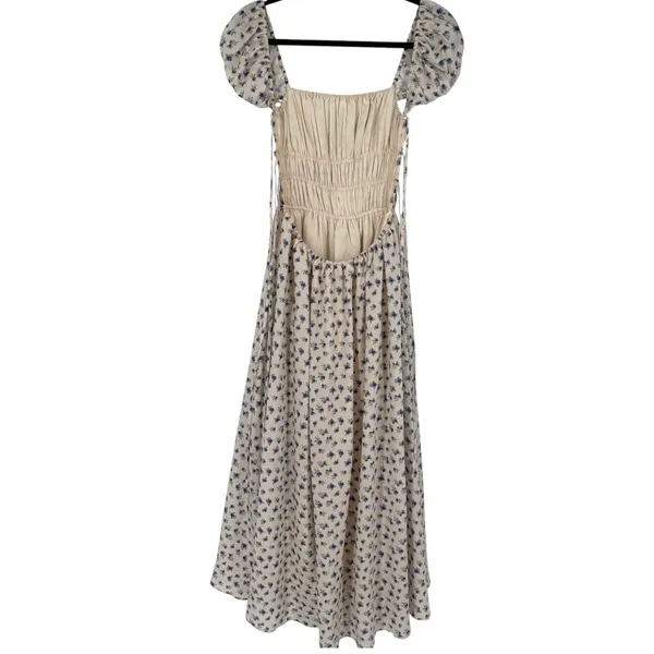 MABLE Analise Floral Smocked Open Back Lace Up‎ Maxi Dress Cream Blue Size Small - Image 5