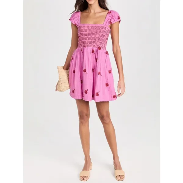 NWT Free People Tory Embroidered Mini Dress Pink Smocked Floral Boho Size Large - Image 16