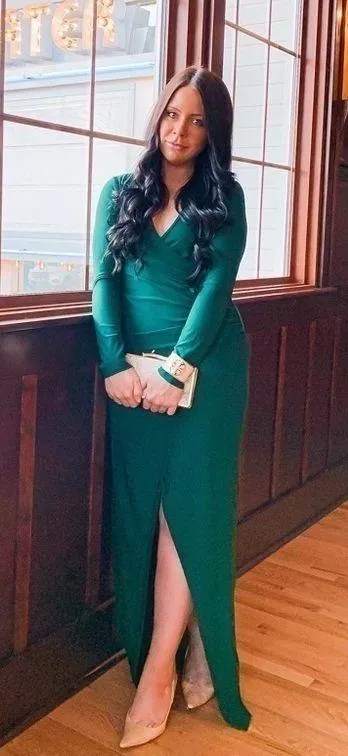 Boohoo Dark Green Long Sleeve High Slit Ruched Side Maxi Dress sz 8 - Image 2