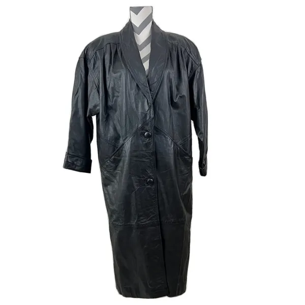 Jacqueline Ferrar Vintage 90s Black Leather Trench Coat Oversized Minimalist Long Coat - Size M - Image 3