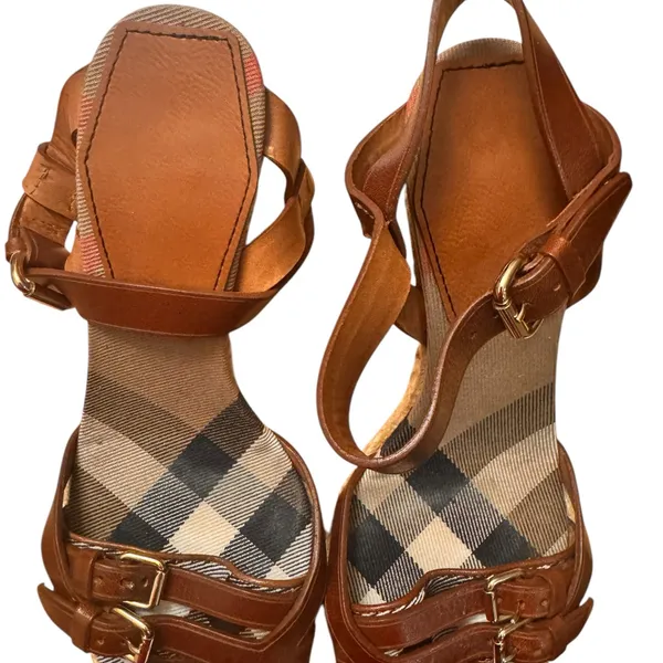 Burberry Tan Leather Check Canvas Espadrille Wedge Sandals EU 35 Italy GUC FLAW - Image 14