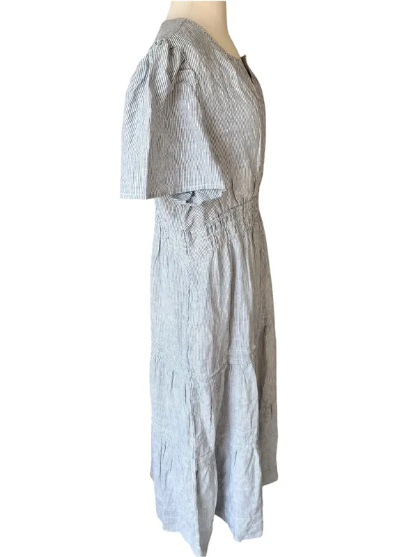 Quince 100% European Linen Tiered Maxi Dress Blue Pinstripe - Image 5