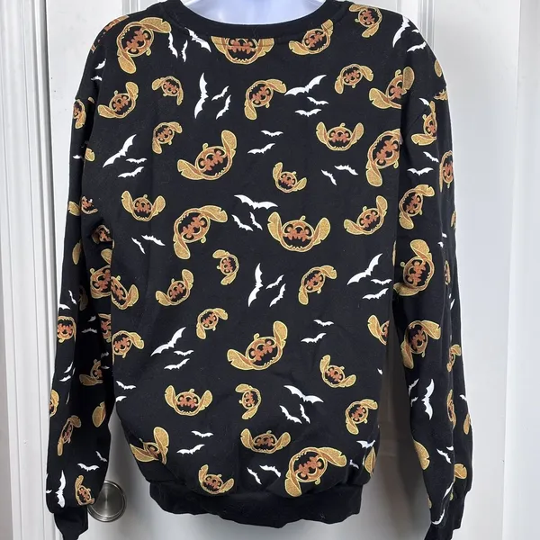 Disney Stitch Black Pumpkin Jack o lantern Bat Sweatshirt Halloween M(7-9) - Image 2