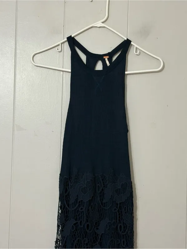 Free People Nora Crochet Lace Midi Dress XS Navy Blue Racerback Boho Sleeveless - Image 4