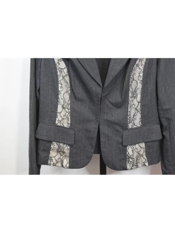 Bisou Bisou Pinstripe Blazer with Lace Panel Trim Gray Size XL Y2K Business - Image 4